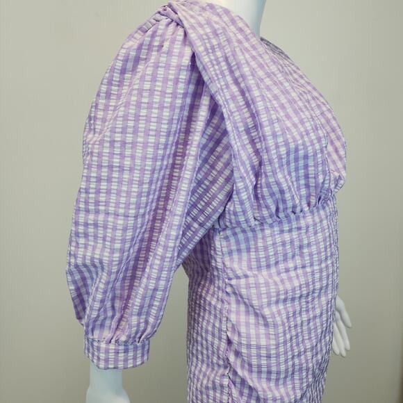 Zara Farmers Daughter Mini Dress Size M Purple Ruched Front Gingham Puff Sleeve - Picture 7 of 16